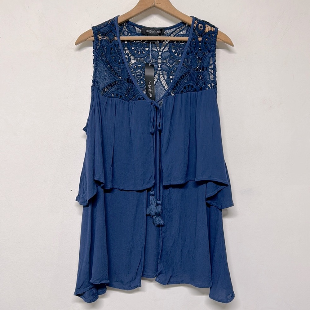 NWT August Silk Blue Lace Ruffle Boho Vest Summer Lightweight